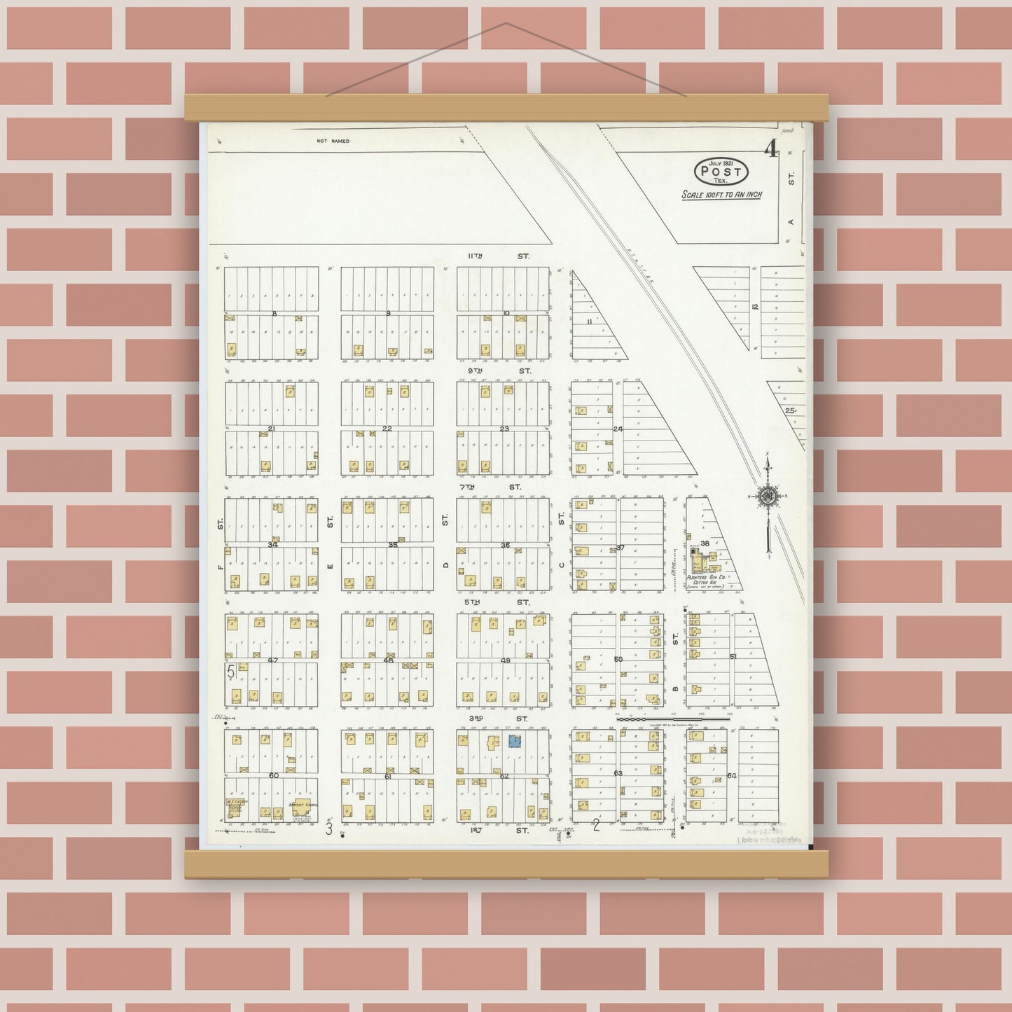 Old map wall art mockup — magnetic wood frame on brick wall — Sanborn Fire Insurance Map from Post, Garza County, Texas (1921), Sheet #0004