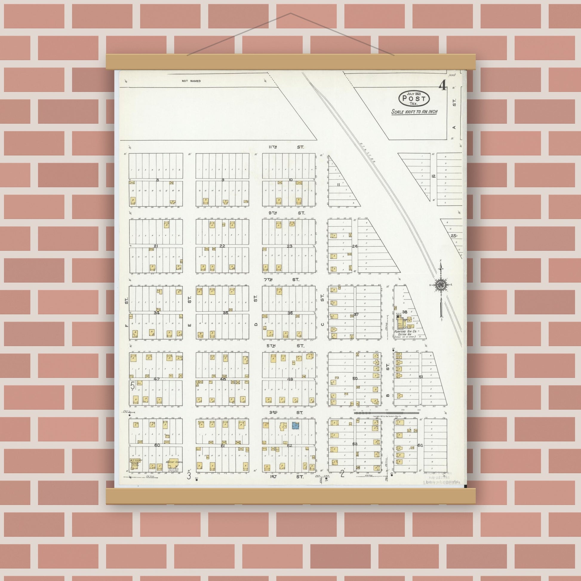 Old map wall art mockup — magnetic wood frame on brick wall — Sanborn Fire Insurance Map from Post, Garza County, Texas (1921), Sheet #0004