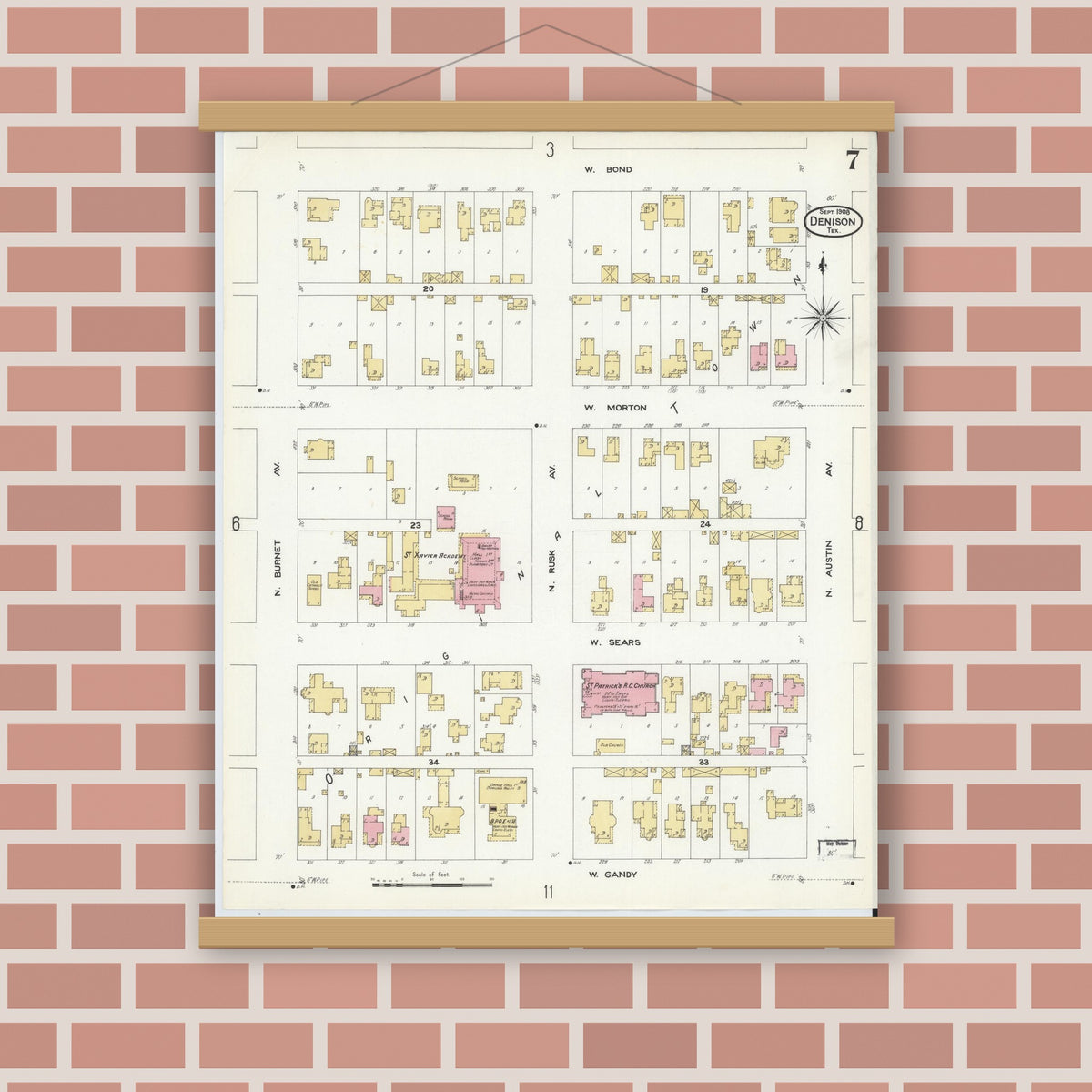 Old map wall art mockup — magnetic wood frame on brick wall — Sanborn Fire Insurance Map from Denison, Grayson County, Texas (1908), Sheet #0007