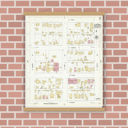 Old map wall art mockup — magnetic wood frame on brick wall — Sanborn Fire Insurance Map from Denison, Grayson County, Texas (1908), Sheet #0007