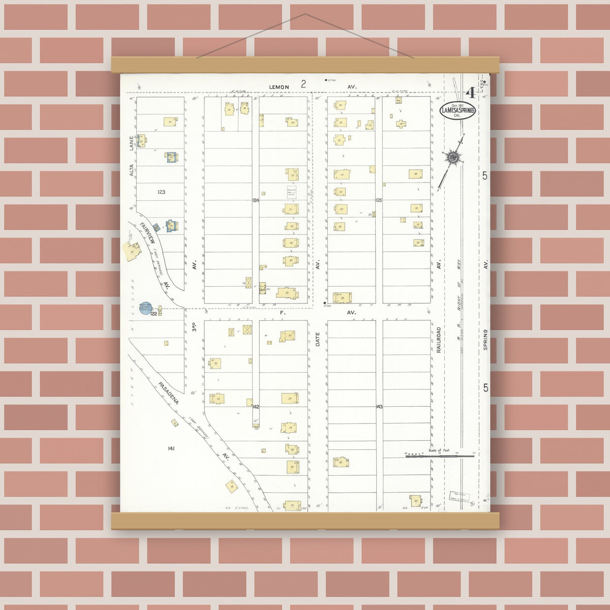 Old map wall art mockup — magnetic wood frame on brick wall — Sanborn Fire Insurance Map from La Mesa, San Diego County, California (1911), Sheet #0004