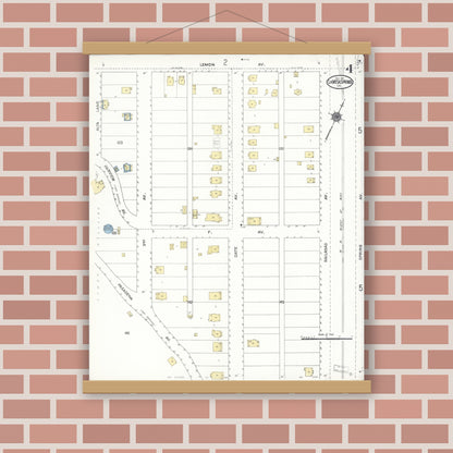 Old map wall art mockup — magnetic wood frame on brick wall — Sanborn Fire Insurance Map from La Mesa, San Diego County, California (1911), Sheet #0004