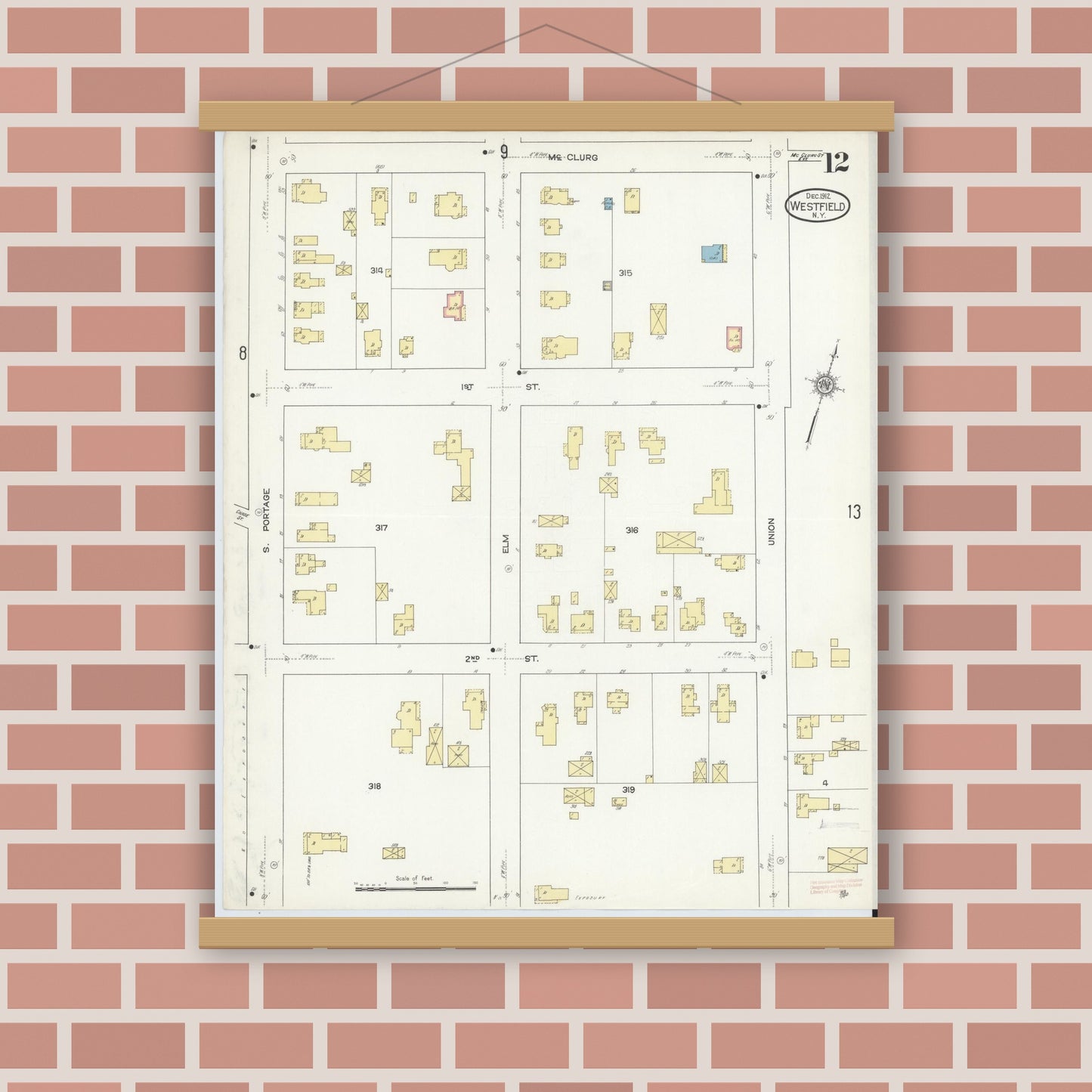 Old map wall art mockup — magnetic wood frame on brick wall — Sanborn Fire Insurance Map from Westfield, Chautauqua County, New York (1912), Sheet #0012