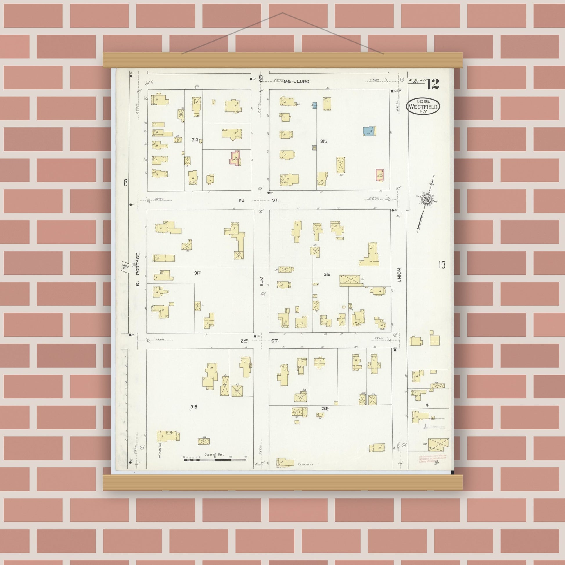 Old map wall art mockup — magnetic wood frame on brick wall — Sanborn Fire Insurance Map from Westfield, Chautauqua County, New York (1912), Sheet #0012