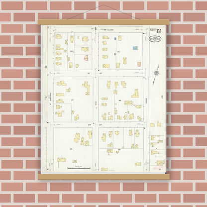 Old map wall art mockup — magnetic wood frame on brick wall — Sanborn Fire Insurance Map from Westfield, Chautauqua County, New York (1912), Sheet #0012