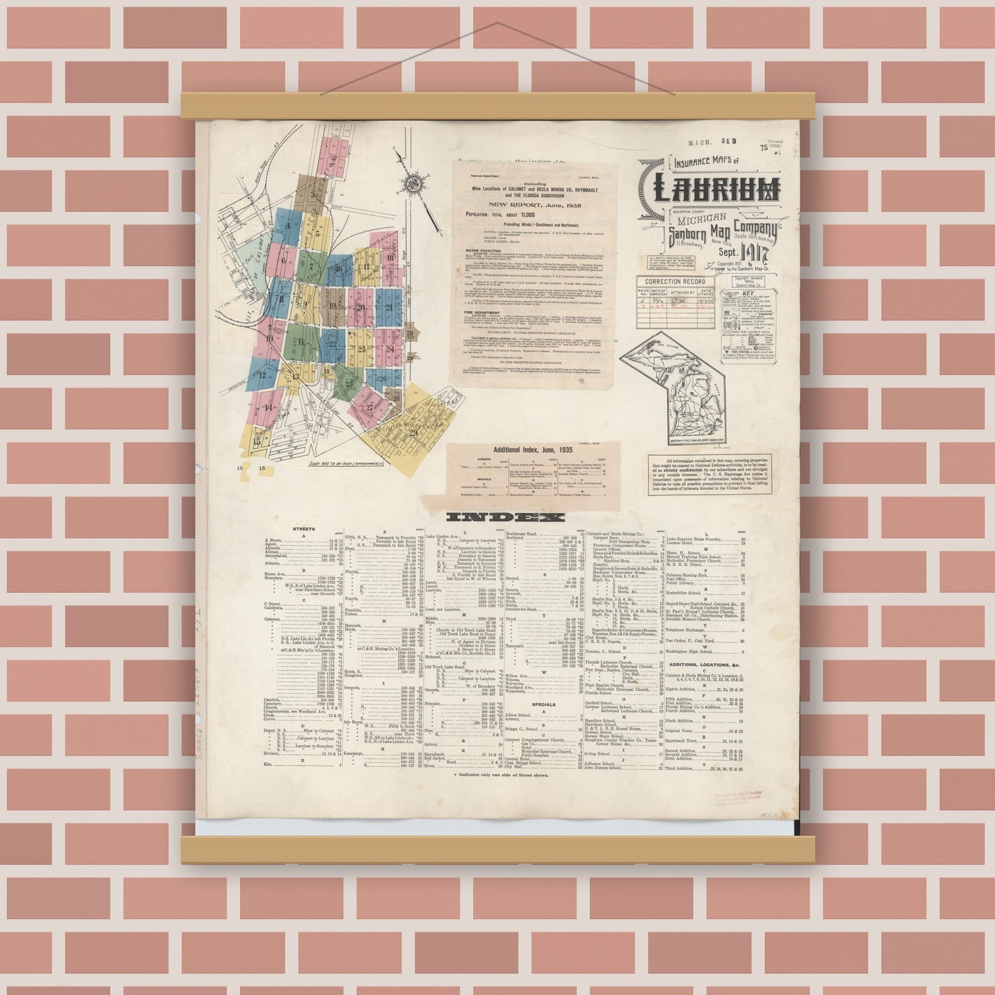 Old map wall art mockup — magnetic wood frame on brick wall — Sanborn Fire Insurance Map from Laurium, Houghton County, Michigan (1949) - Complete Map Set
