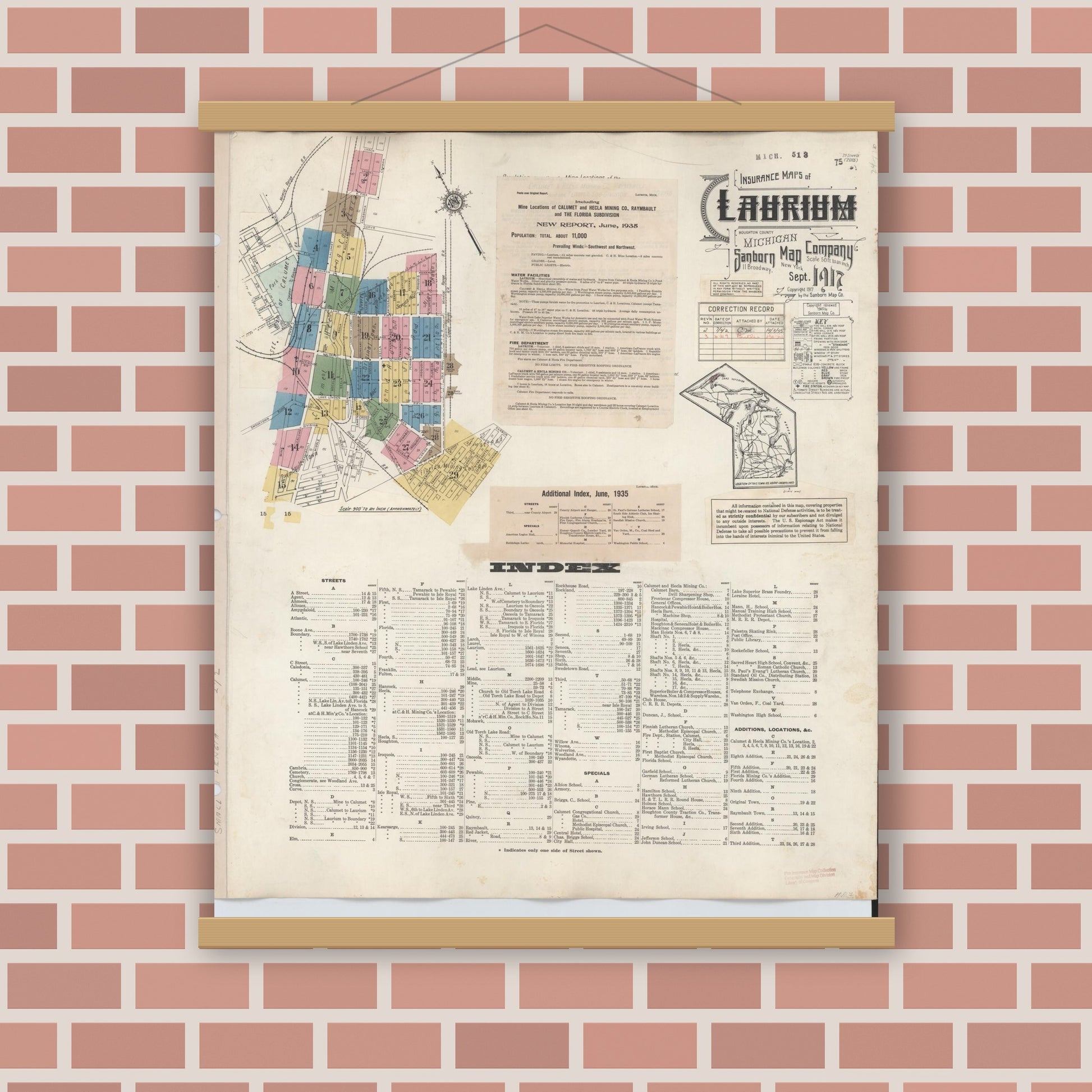 Old map wall art mockup — magnetic wood frame on brick wall — Sanborn Fire Insurance Map from Laurium, Houghton County, Michigan (1949) - Complete Map Set