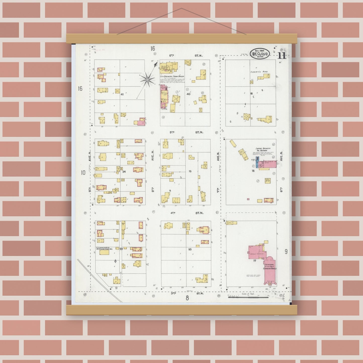 Old map wall art mockup — magnetic wood frame on brick wall — Sanborn Fire Insurance Map from Saint Cloud, Stearns, Benton, and Sherburne Counties, Minnesota (1904), Sheet #0011
