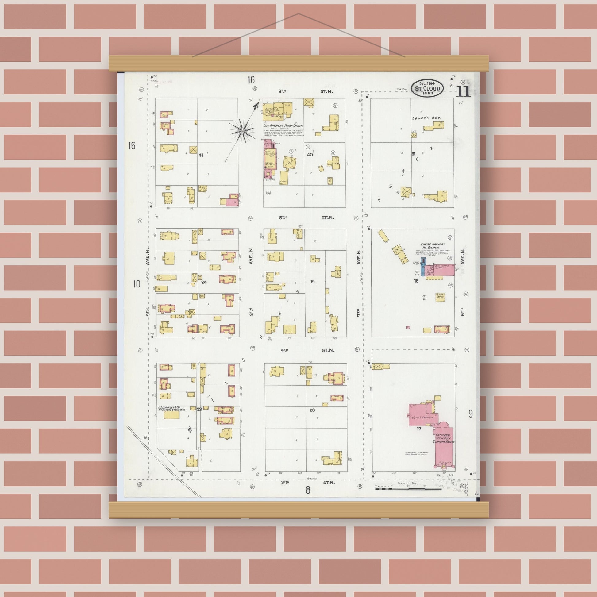 Old map wall art mockup — magnetic wood frame on brick wall — Sanborn Fire Insurance Map from Saint Cloud, Stearns, Benton, and Sherburne Counties, Minnesota (1904), Sheet #0011