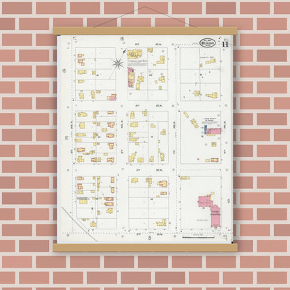 Old map wall art mockup — magnetic wood frame on brick wall — Sanborn Fire Insurance Map from Saint Cloud, Stearns, Benton, and Sherburne Counties, Minnesota (1904), Sheet #0011