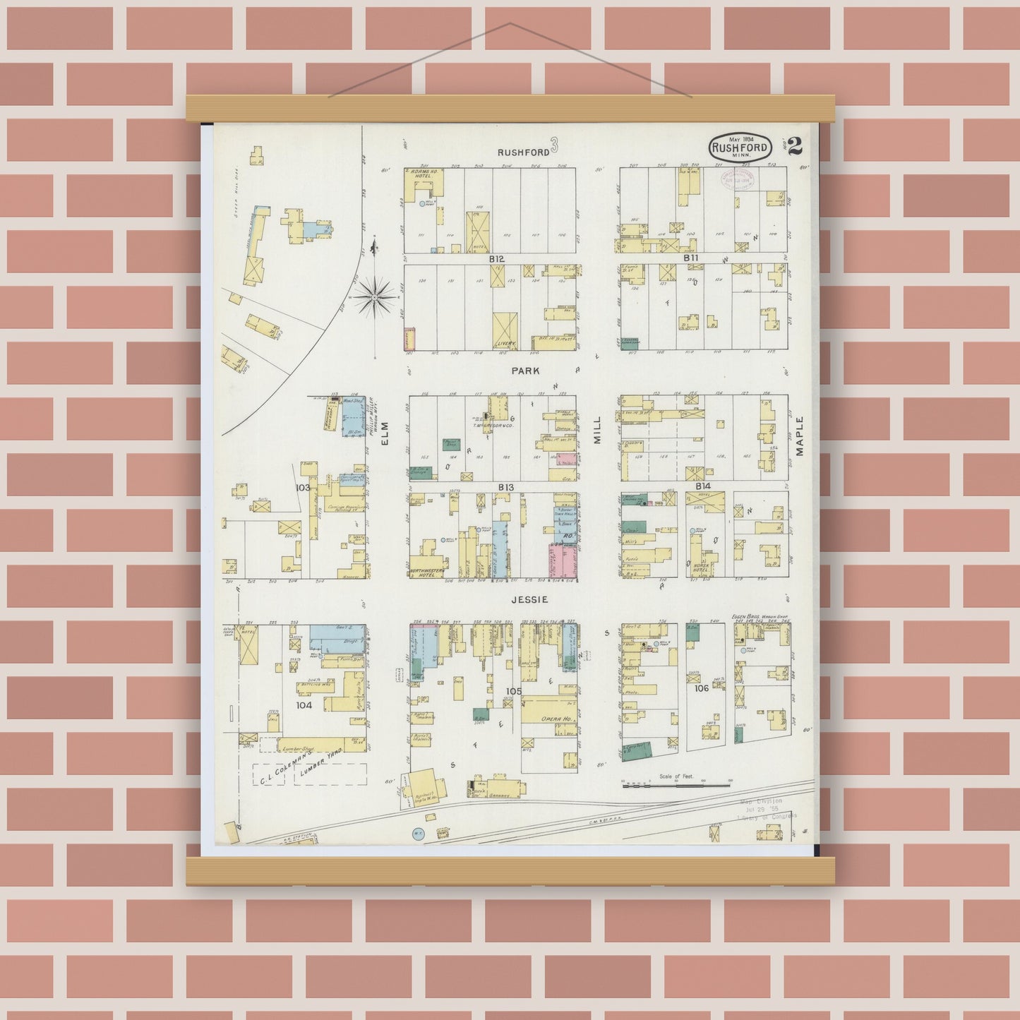 Old map wall art mockup — magnetic wood frame on brick wall — Sanborn Fire Insurance Map from Rushford, Fillmore County, Minnesota (1894), Sheet #0002