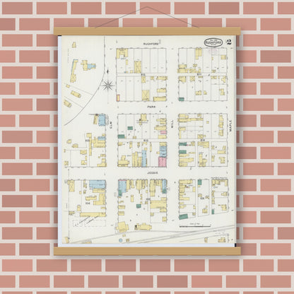 Old map wall art mockup — magnetic wood frame on brick wall — Sanborn Fire Insurance Map from Rushford, Fillmore County, Minnesota (1894), Sheet #0002