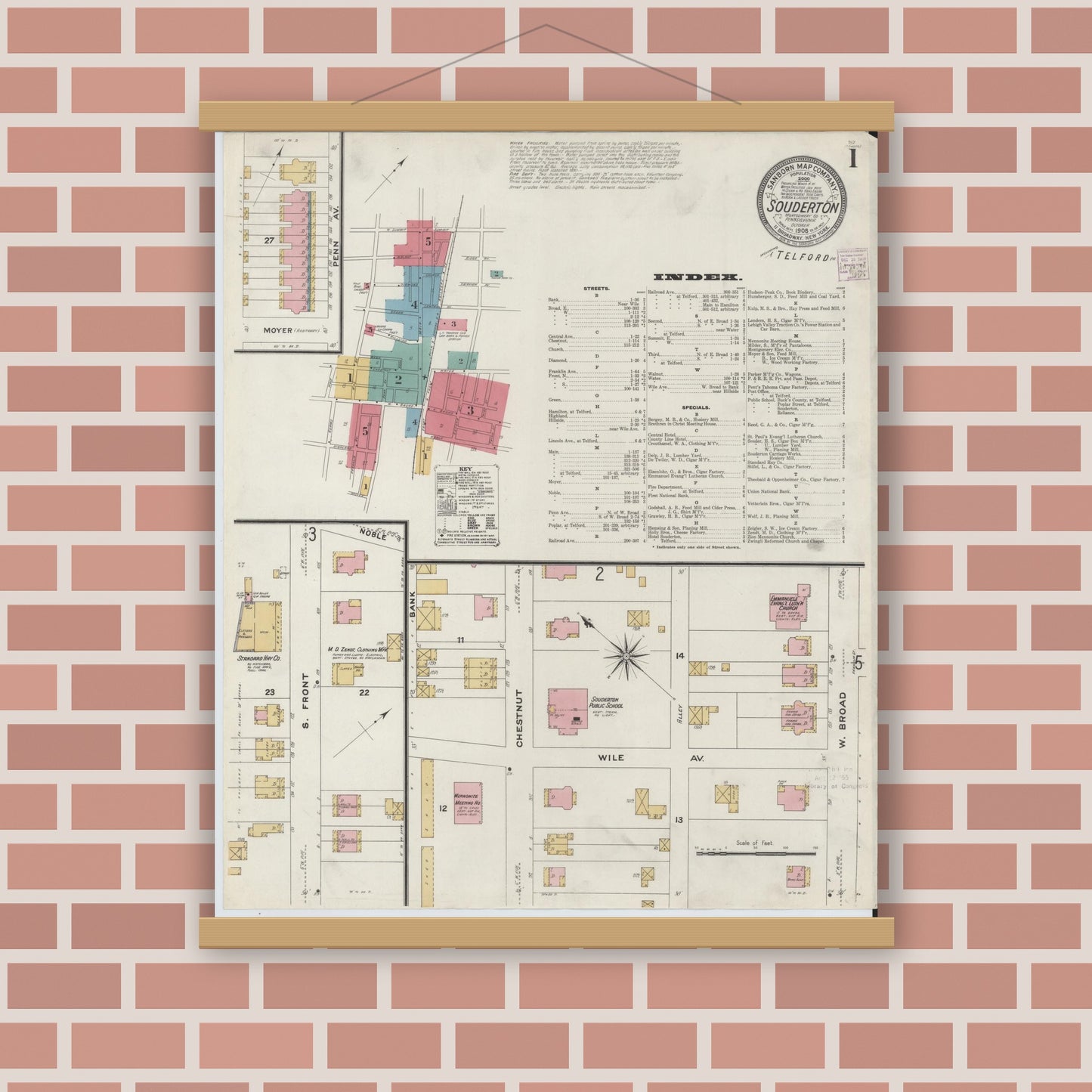 Old map wall art mockup — magnetic wood frame on brick wall — Sanborn Fire Insurance Map from Souderton, Montgomery County, Pennsylvania (1908) - Complete Map Set