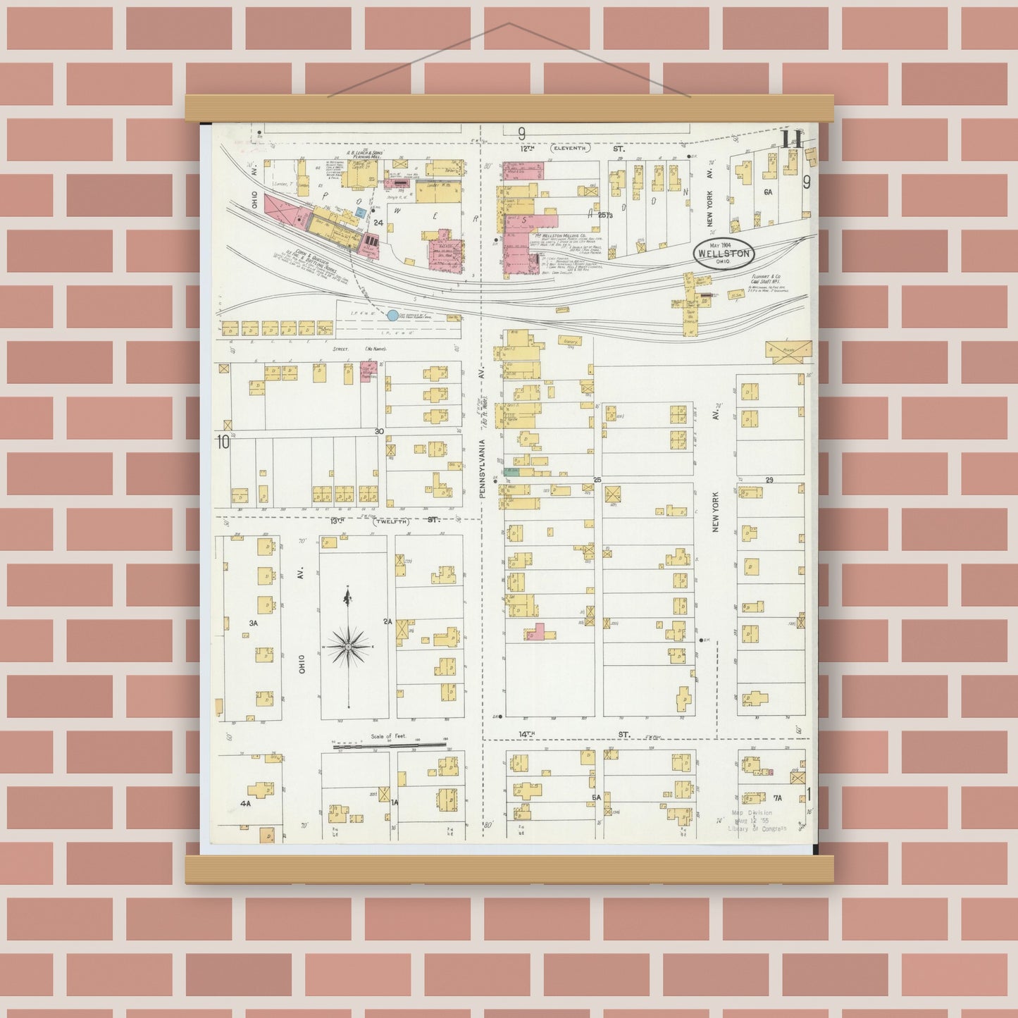 Old map wall art mockup — magnetic wood frame on brick wall — Sanborn Fire Insurance Map from Wellston, Jackson County, Ohio (1904), Sheet #0011
