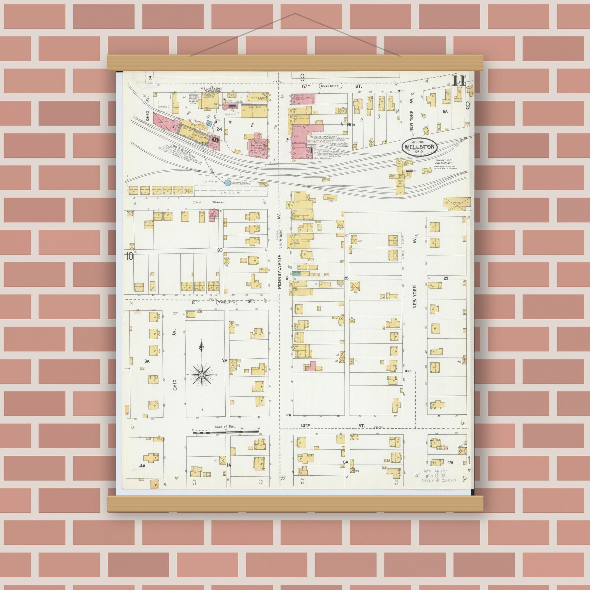 Old map wall art mockup — magnetic wood frame on brick wall — Sanborn Fire Insurance Map from Wellston, Jackson County, Ohio (1904), Sheet #0011