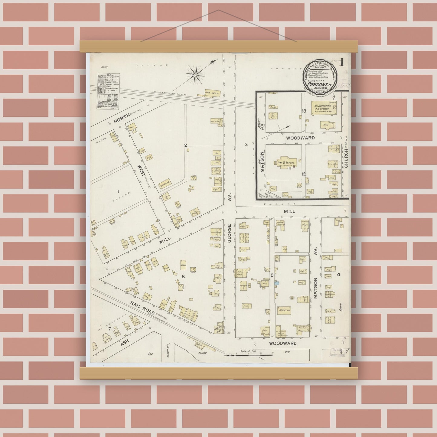 Old map wall art mockup — magnetic wood frame on brick wall — Sanborn Fire Insurance Map from Parsons, Luzerne County, Pennsylvania (1888) - Complete Map Set
