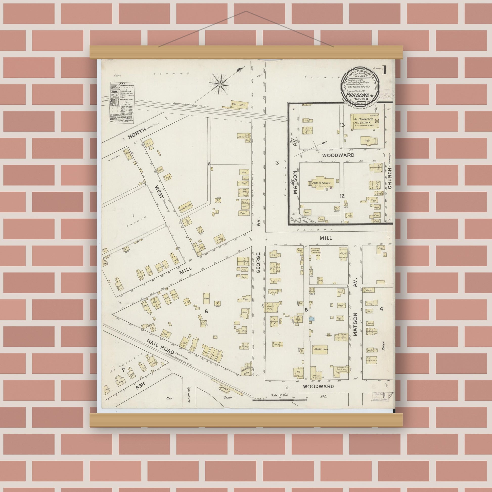 Old map wall art mockup — magnetic wood frame on brick wall — Sanborn Fire Insurance Map from Parsons, Luzerne County, Pennsylvania (1888) - Complete Map Set