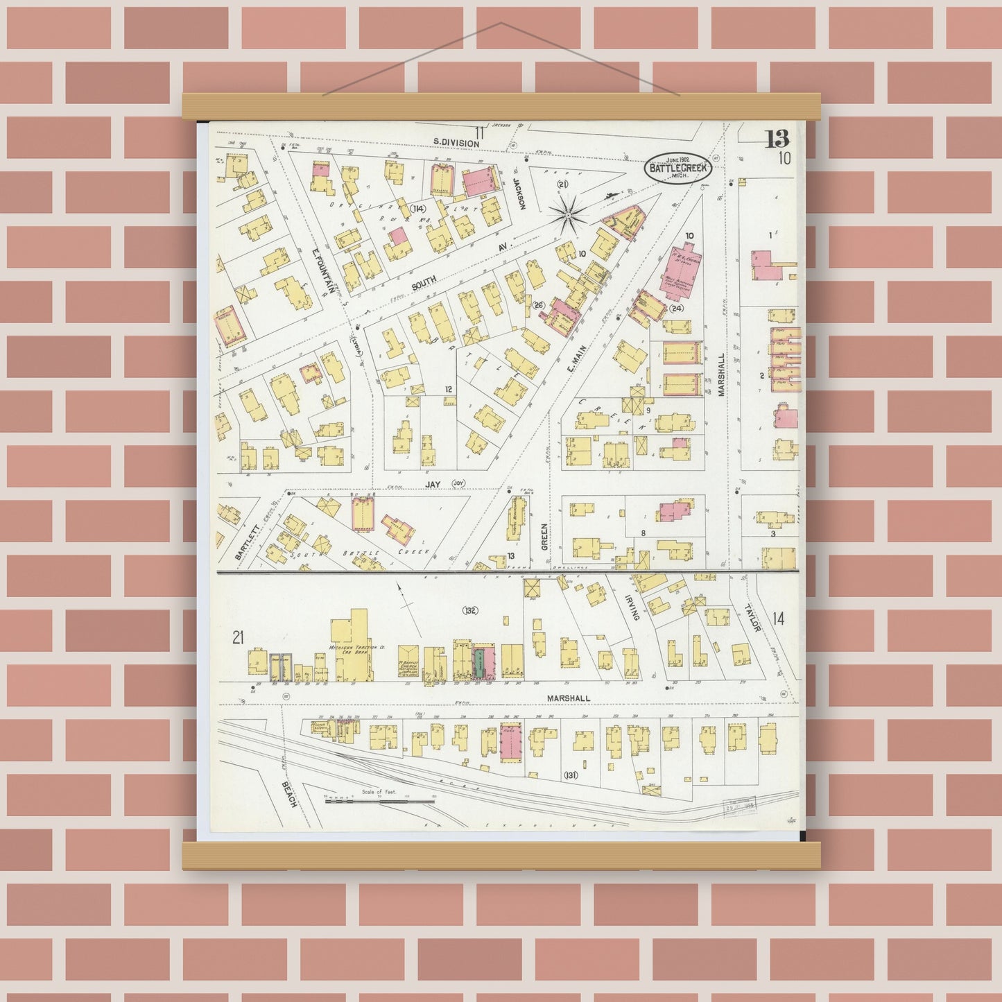 Old map wall art mockup — magnetic wood frame on brick wall — Sanborn Fire Insurance Map from Battle Creek, Calhoun County, Michigan (1902), Sheet #0013