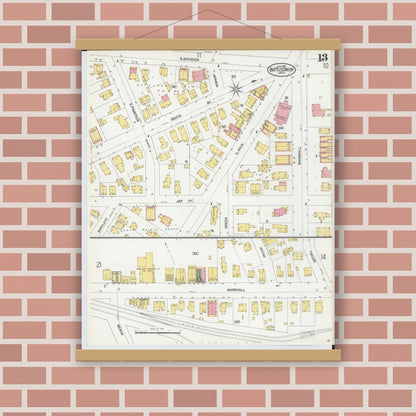 Old map wall art mockup — magnetic wood frame on brick wall — Sanborn Fire Insurance Map from Battle Creek, Calhoun County, Michigan (1902), Sheet #0013