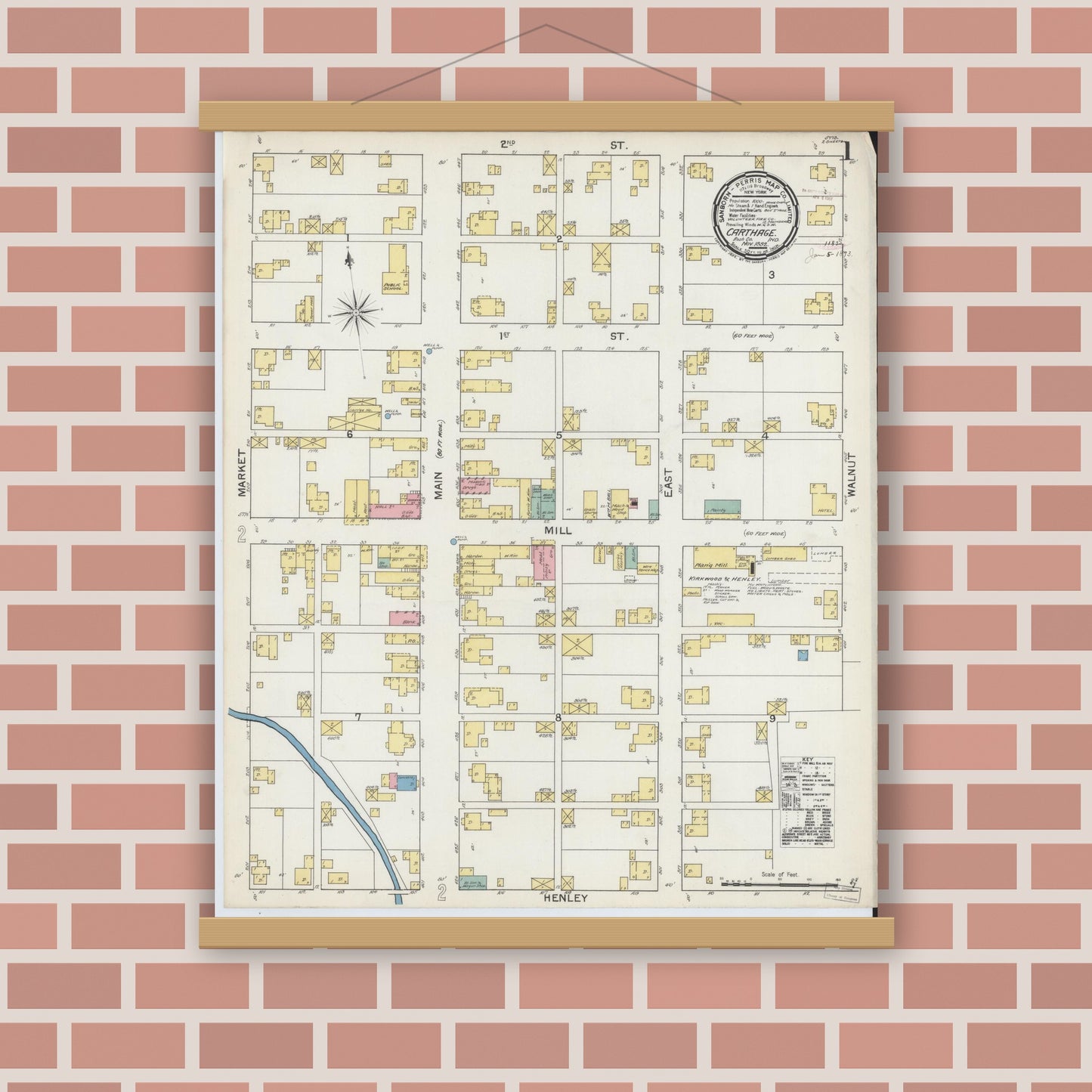 Old map wall art mockup — magnetic wood frame on brick wall — Sanborn Fire Insurance Map from Carthage, Rush County, Indiana (1892) - Complete Map Set