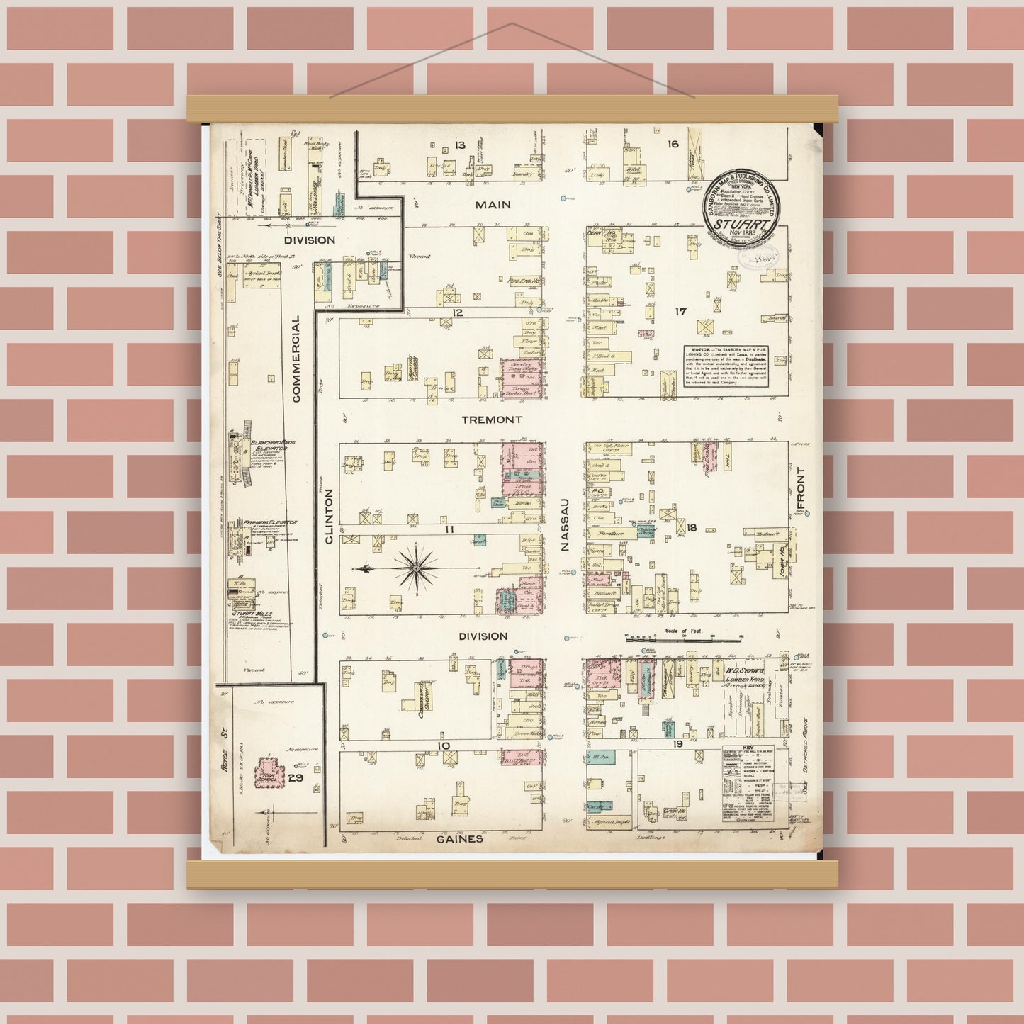 Old map wall art mockup — magnetic wood frame on brick wall — Sanborn Fire Insurance Map from Stuart, Guthrie and Adair Counties, Iowa (1883), Sheet #0001
