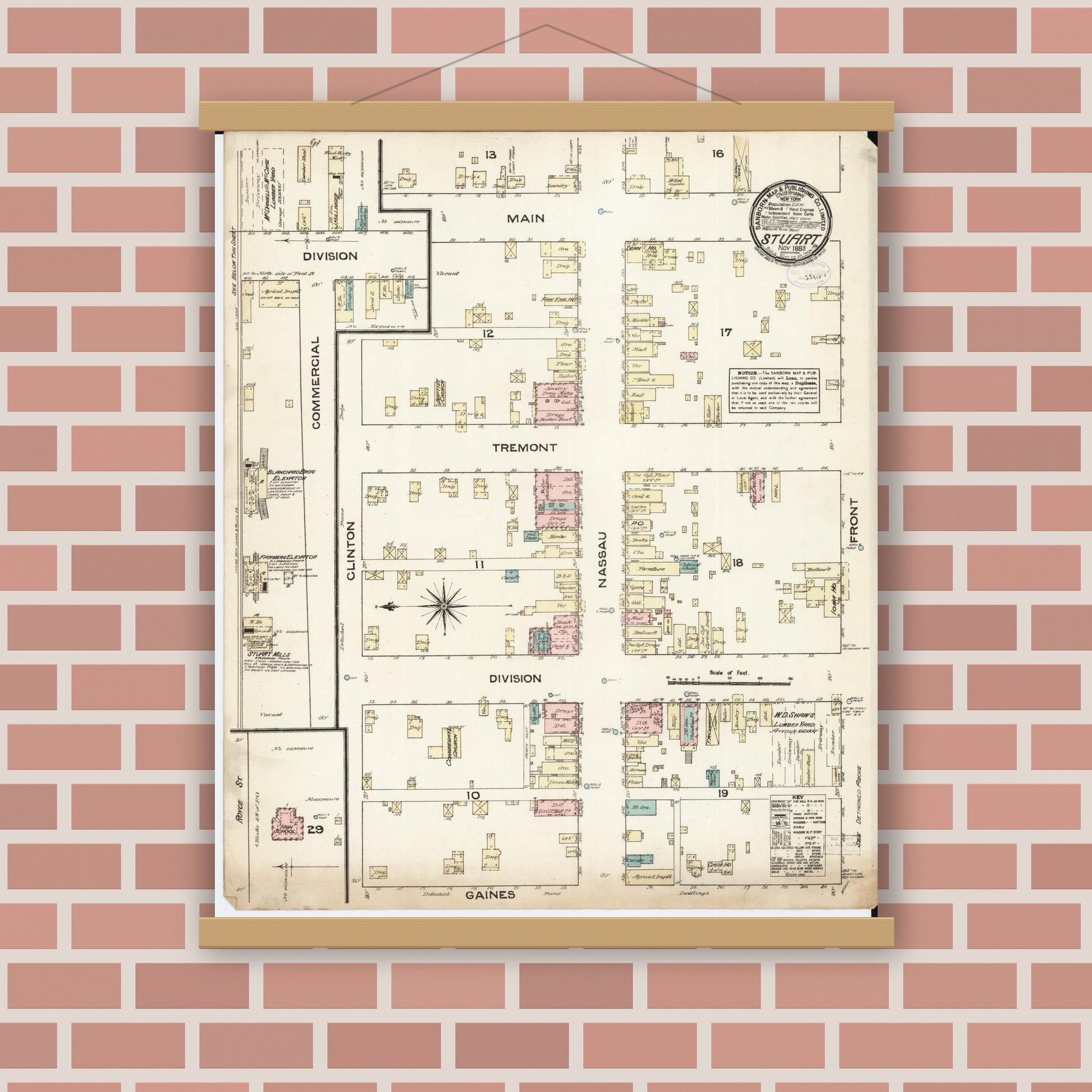 Old map wall art mockup — magnetic wood frame on brick wall — Sanborn Fire Insurance Map from Stuart, Guthrie and Adair Counties, Iowa (1883), Sheet #0001