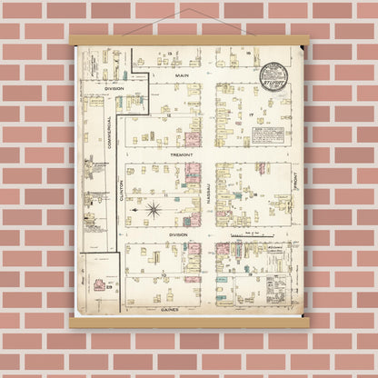 Old map wall art mockup — magnetic wood frame on brick wall — Sanborn Fire Insurance Map from Stuart, Guthrie and Adair Counties, Iowa (1883), Sheet #0001