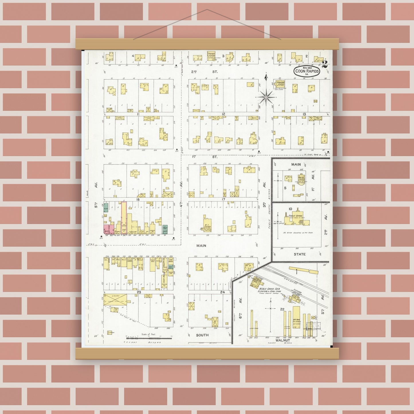 Old map wall art mockup — magnetic wood frame on brick wall — Sanborn Fire Insurance Map from Coon Rapids, Carroll County, Iowa (1901), Sheet #0002