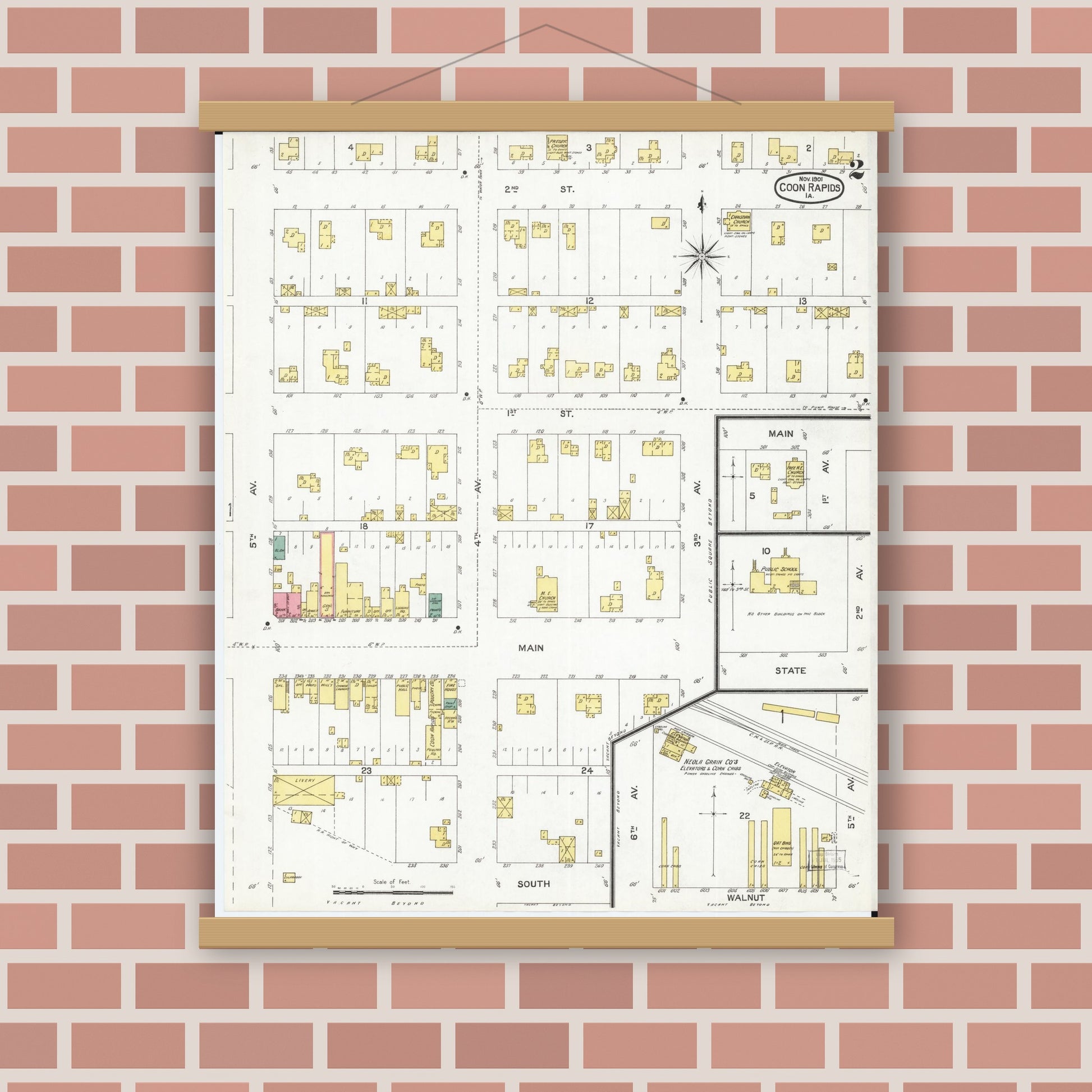 Old map wall art mockup — magnetic wood frame on brick wall — Sanborn Fire Insurance Map from Coon Rapids, Carroll County, Iowa (1901), Sheet #0002