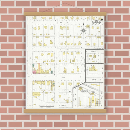 Old map wall art mockup — magnetic wood frame on brick wall — Sanborn Fire Insurance Map from Coon Rapids, Carroll County, Iowa (1901), Sheet #0002