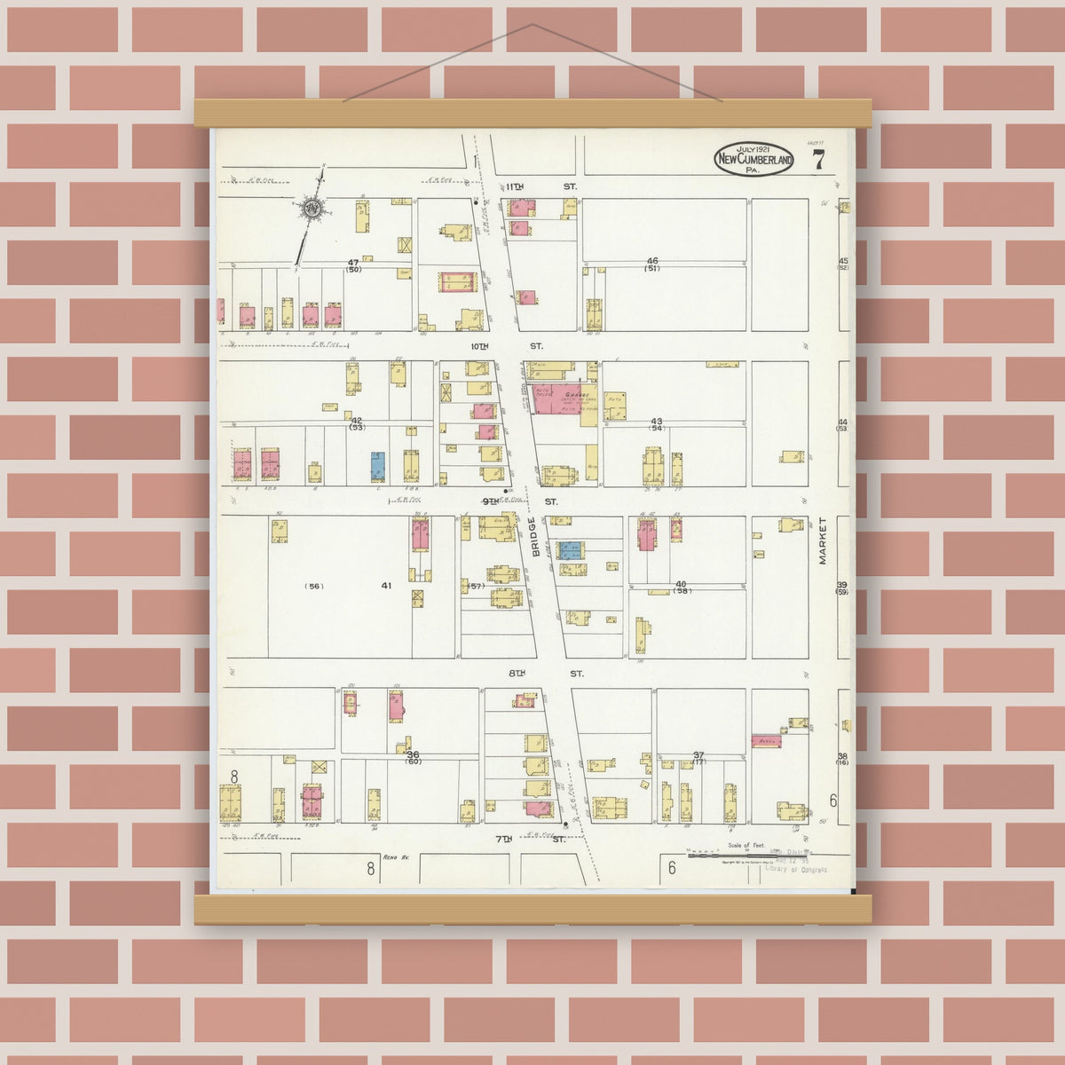 Old map wall art mockup — magnetic wood frame on brick wall — Sanborn Fire Insurance Map from New Cumberland, Cumberland County, Pennsylvania (1921), Sheet #0007