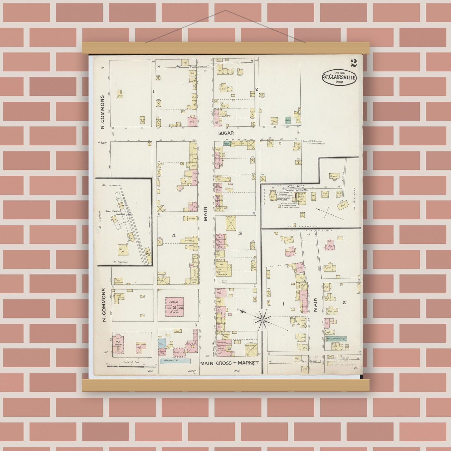 Old map wall art mockup — magnetic wood frame on brick wall — Sanborn Fire Insurance Map from Saint Clairsville, Belmont County, Ohio (1887), Sheet #0002