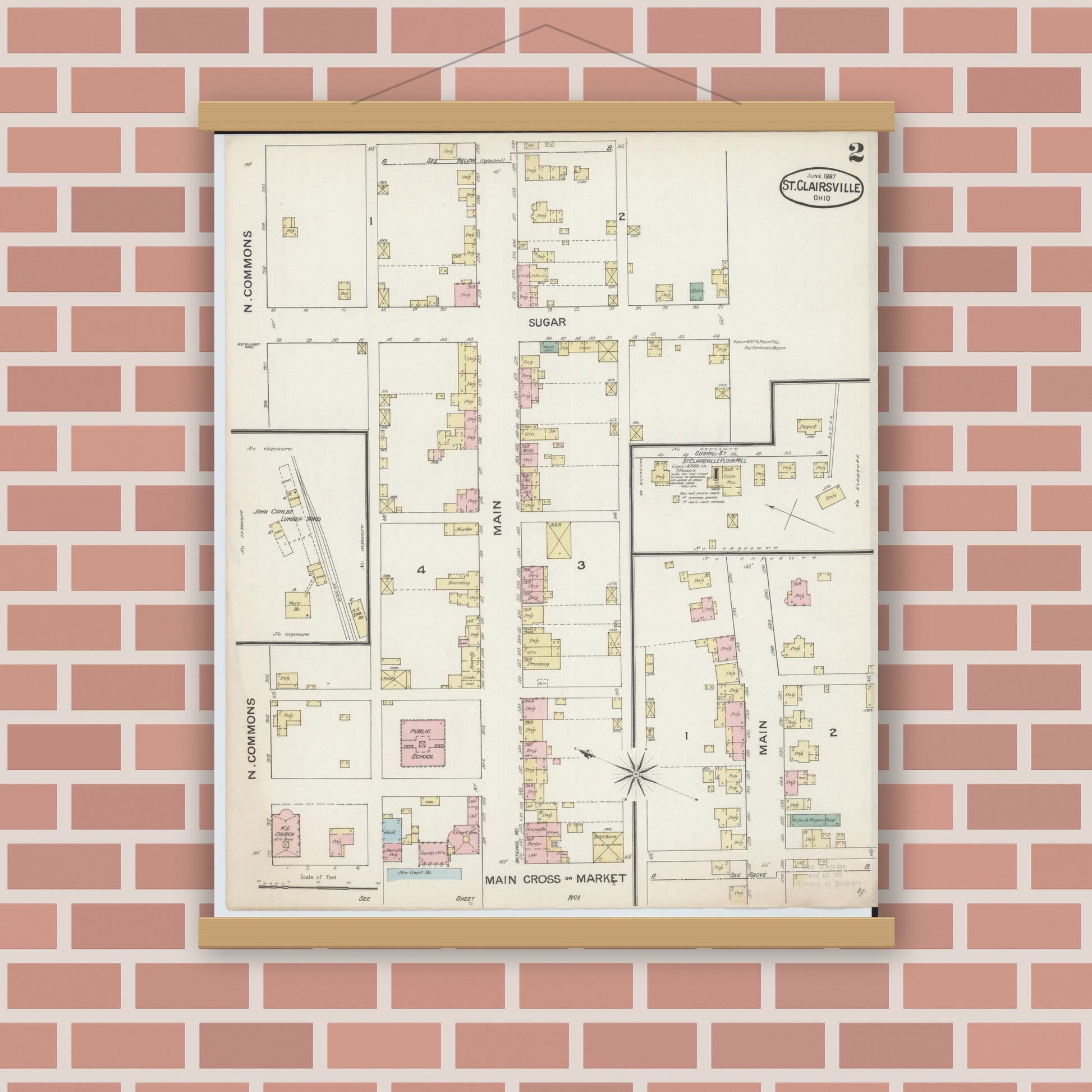Old map wall art mockup — magnetic wood frame on brick wall — Sanborn Fire Insurance Map from Saint Clairsville, Belmont County, Ohio (1887), Sheet #0002