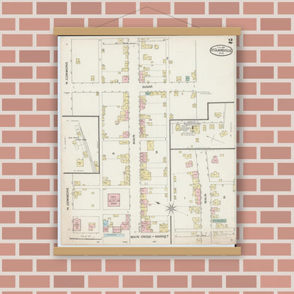 Old map wall art mockup — magnetic wood frame on brick wall — Sanborn Fire Insurance Map from Saint Clairsville, Belmont County, Ohio (1887), Sheet #0002