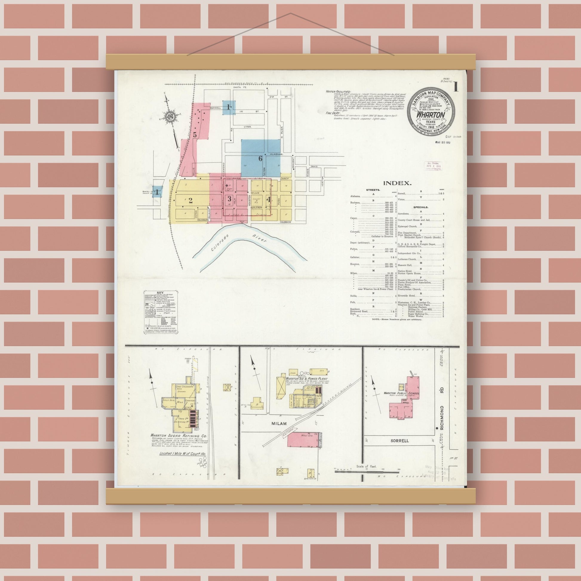 Old map wall art mockup — magnetic wood frame on brick wall — Sanborn Fire Insurance Map from Wharton, Wharton County, Texas (1912) - Complete Map Set