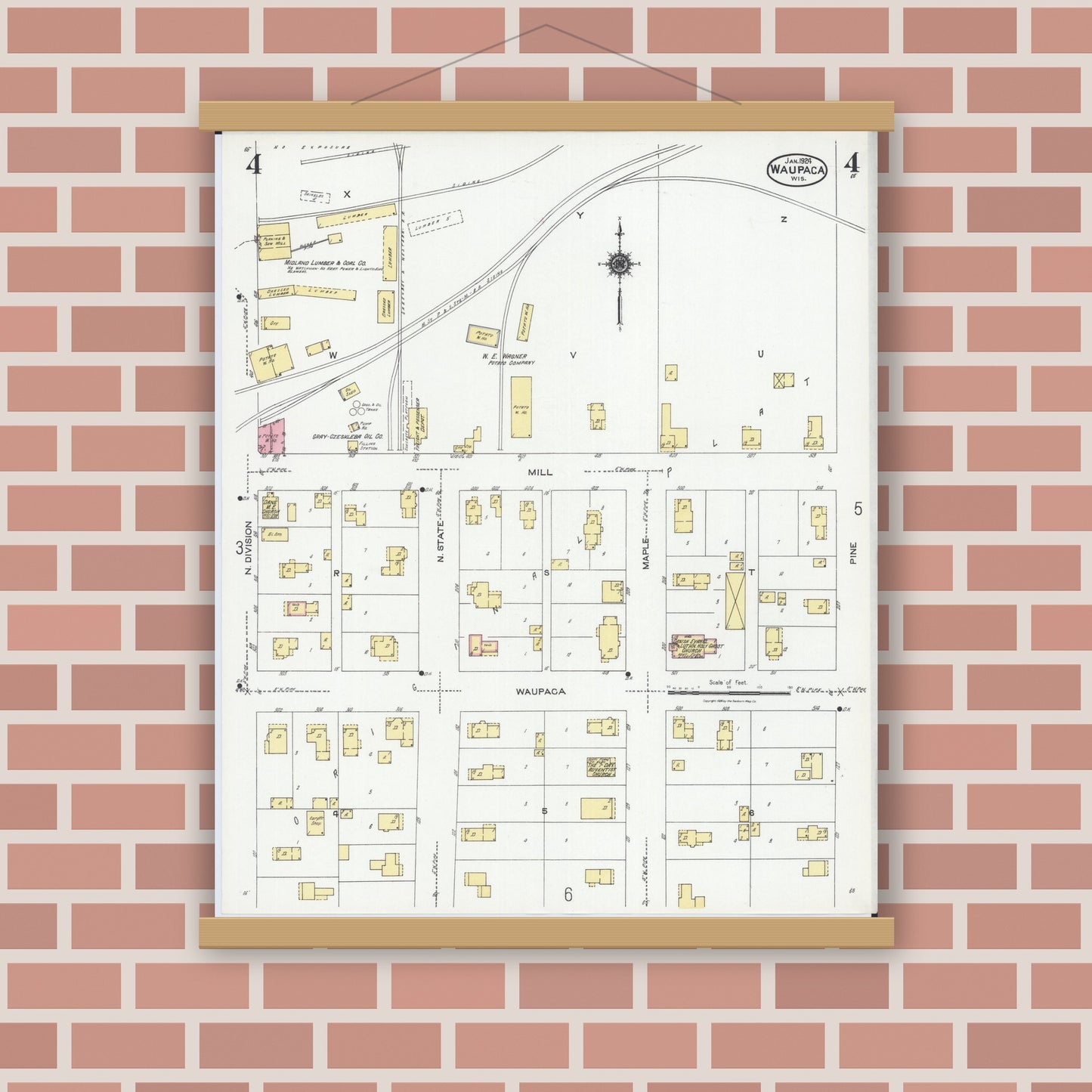 Old map wall art mockup — magnetic wood frame on brick wall — Sanborn Fire Insurance Map from Waupaca, Waupaca County, Wisconsin (1924), Sheet #0004