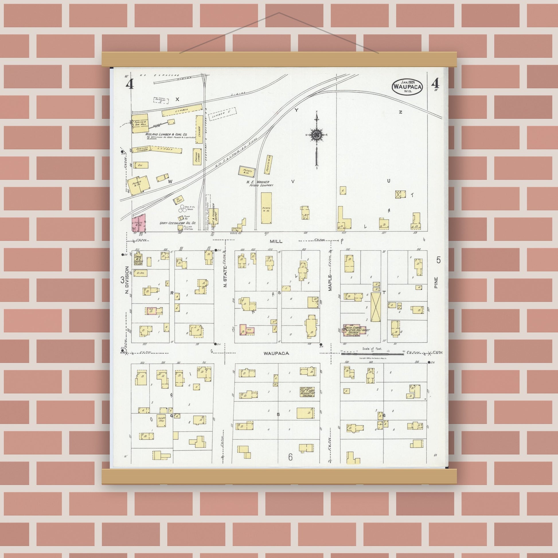 Old map wall art mockup — magnetic wood frame on brick wall — Sanborn Fire Insurance Map from Waupaca, Waupaca County, Wisconsin (1924), Sheet #0004