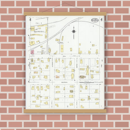 Old map wall art mockup — magnetic wood frame on brick wall — Sanborn Fire Insurance Map from Waupaca, Waupaca County, Wisconsin (1924), Sheet #0004