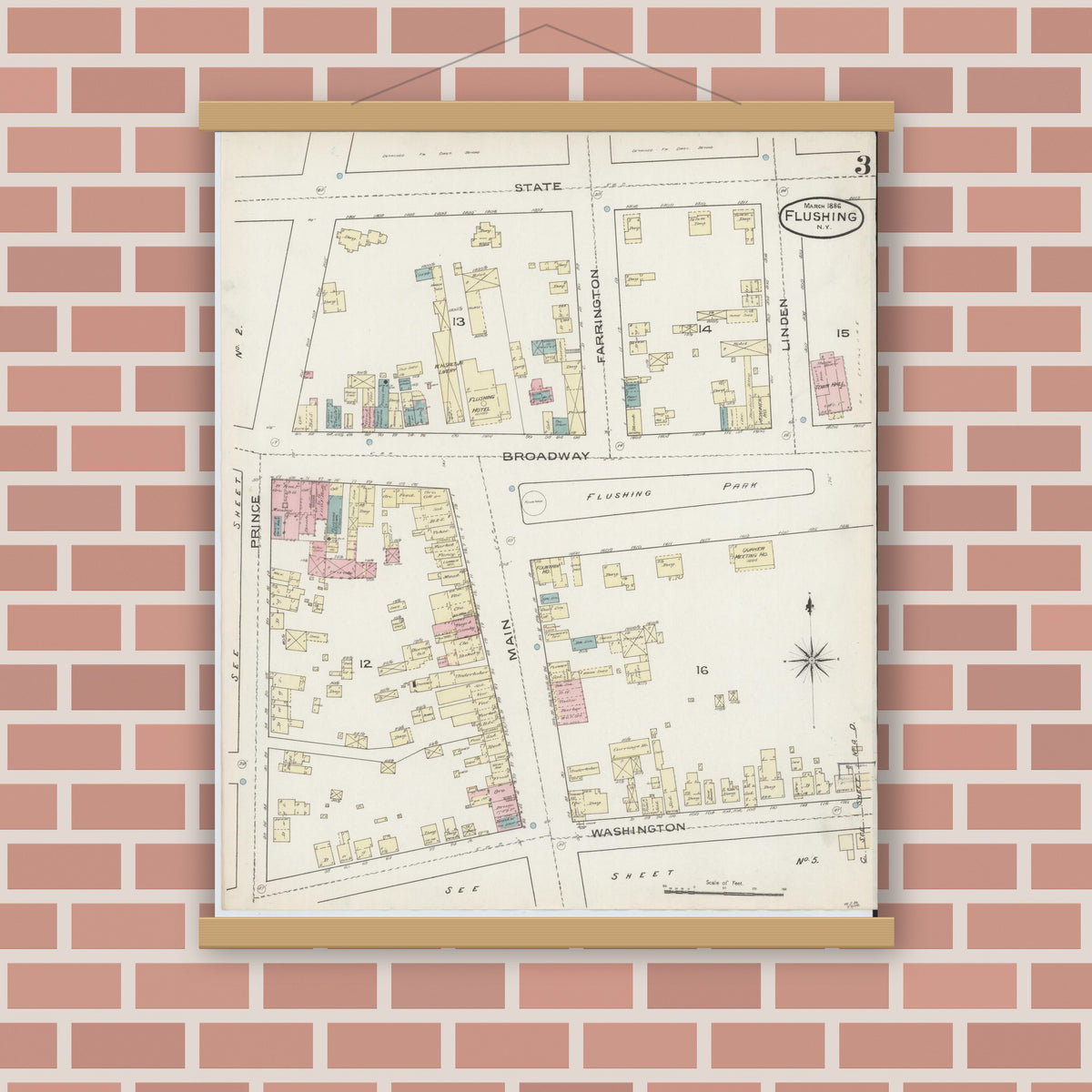 Old map wall art mockup — magnetic wood frame on brick wall — Sanborn Fire Insurance Map from Flushing, Queens County, New York (1886), Sheet #0003