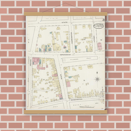 Old map wall art mockup — magnetic wood frame on brick wall — Sanborn Fire Insurance Map from Flushing, Queens County, New York (1886), Sheet #0003