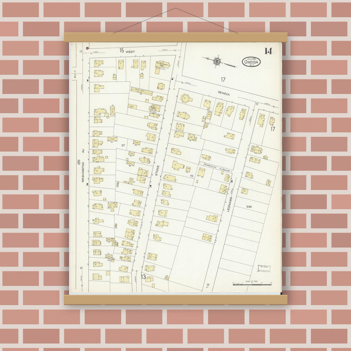 Old map wall art mockup — magnetic wood frame on brick wall — Sanborn Fire Insurance Map from Oneida, Madison County, New York (1914), Sheet #0014