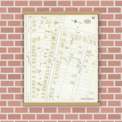 Old map wall art mockup — magnetic wood frame on brick wall — Sanborn Fire Insurance Map from Oneida, Madison County, New York (1914), Sheet #0014