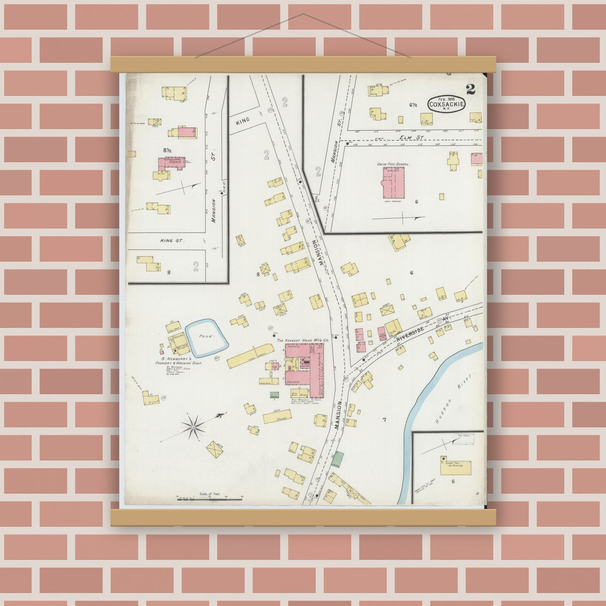 Old map wall art mockup — magnetic wood frame on brick wall — Sanborn Fire Insurance Map from Coxsackie, Greene County, New York (1895), Sheet #0002