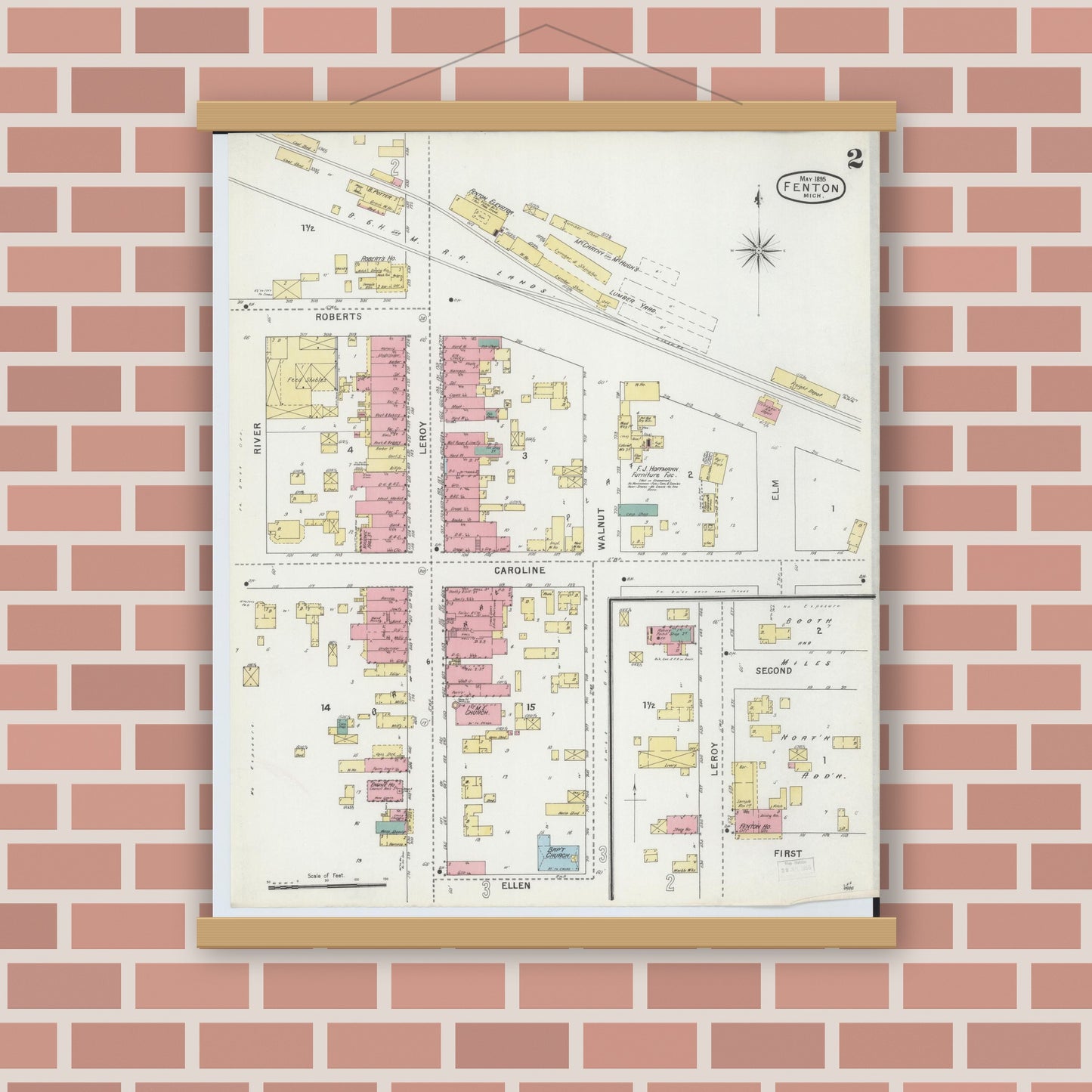 Old map wall art mockup — magnetic wood frame on brick wall — Sanborn Fire Insurance Map from Fenton, Genesee County, Michigan (1895), Sheet #0002