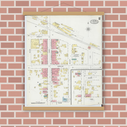 Old map wall art mockup — magnetic wood frame on brick wall — Sanborn Fire Insurance Map from Fenton, Genesee County, Michigan (1895), Sheet #0002