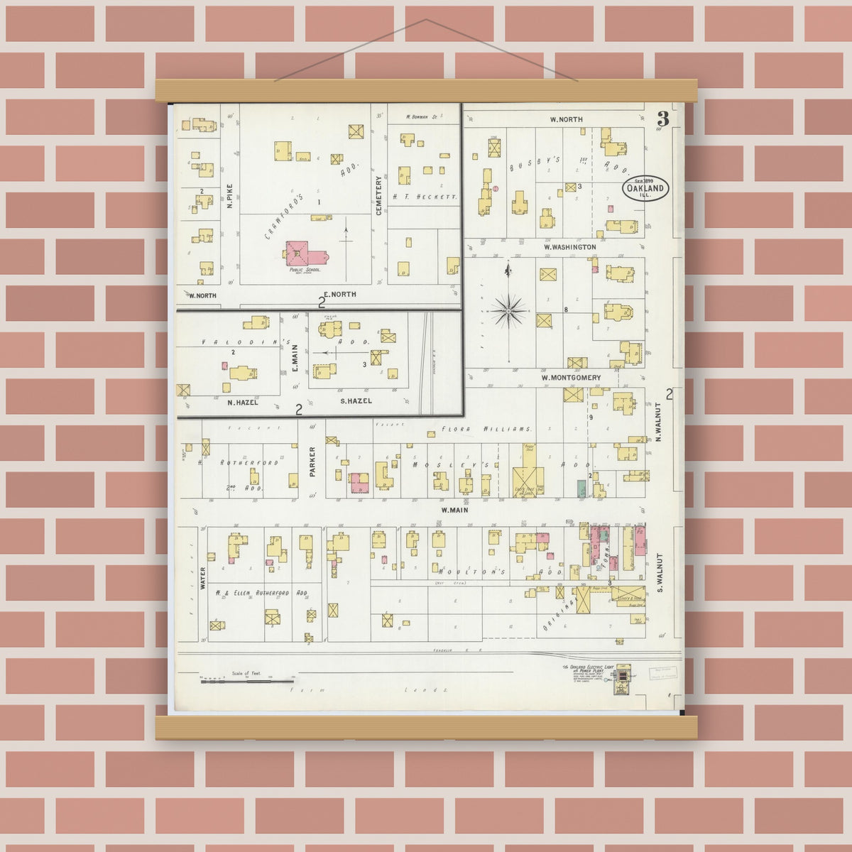 Old map wall art mockup — magnetic wood frame on brick wall — Sanborn Fire Insurance Map from Oakland, Coles County, Illinois (1899), Sheet #0003
