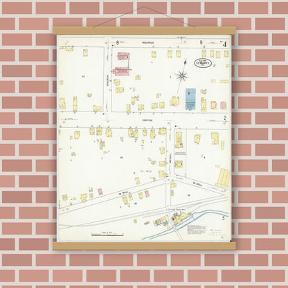 Old map wall art mockup — magnetic wood frame on brick wall — Sanborn Fire Insurance Map from Saint Marys, Elk County, Pennsylvania (1909), Sheet #0004