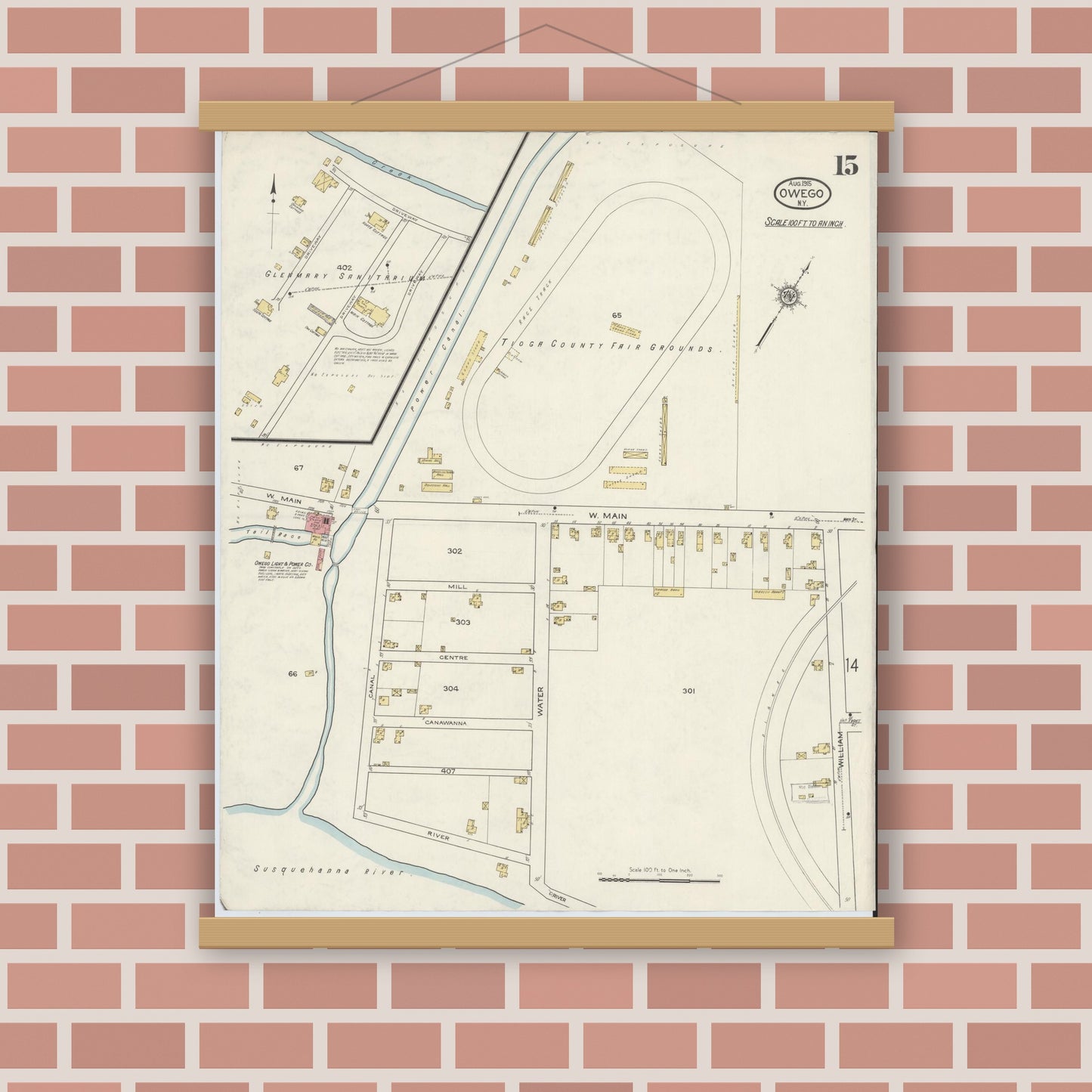 Old map wall art mockup — magnetic wood frame on brick wall — Sanborn Fire Insurance Map from Owego, Tioga County, New York (1915), Sheet #0015