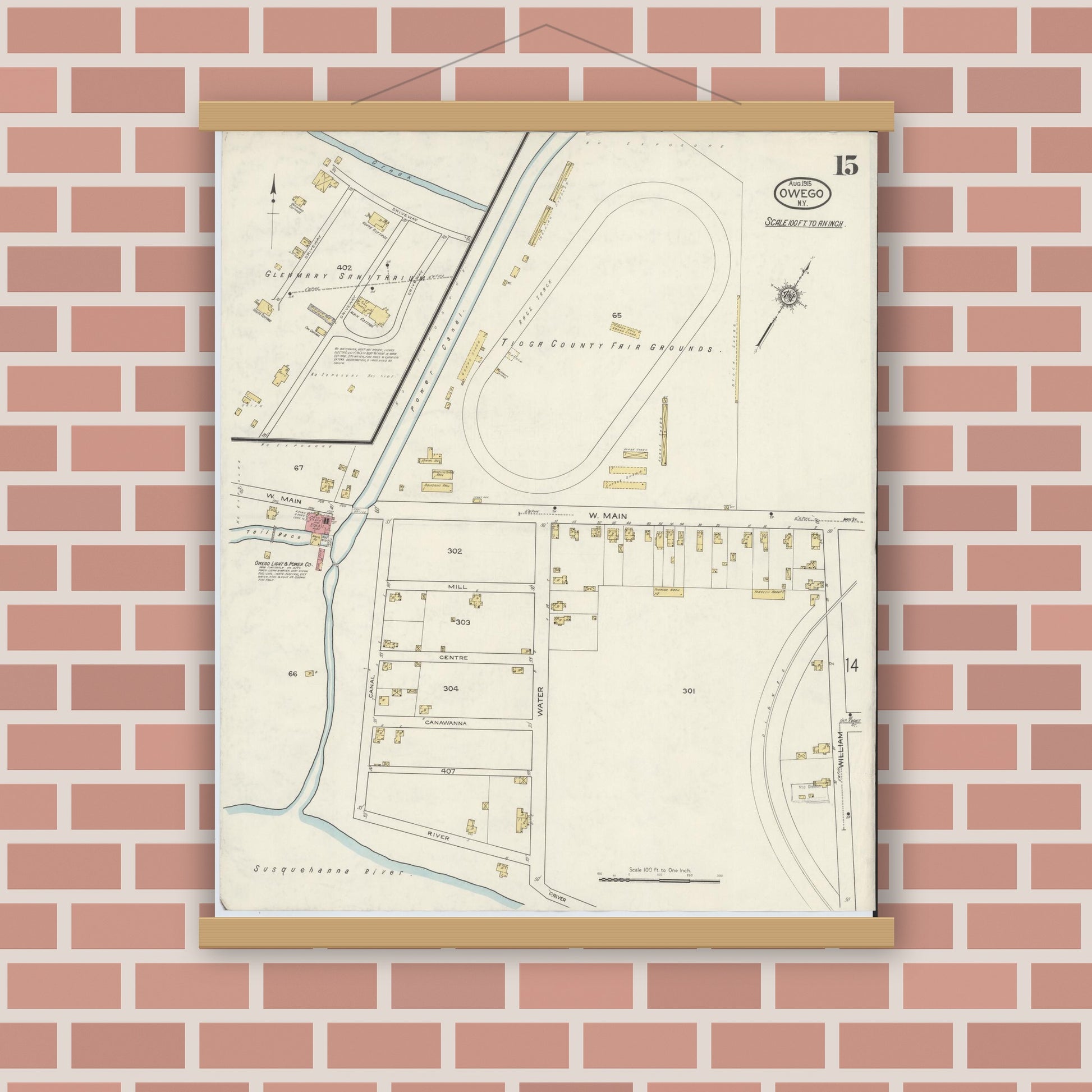 Old map wall art mockup — magnetic wood frame on brick wall — Sanborn Fire Insurance Map from Owego, Tioga County, New York (1915), Sheet #0015