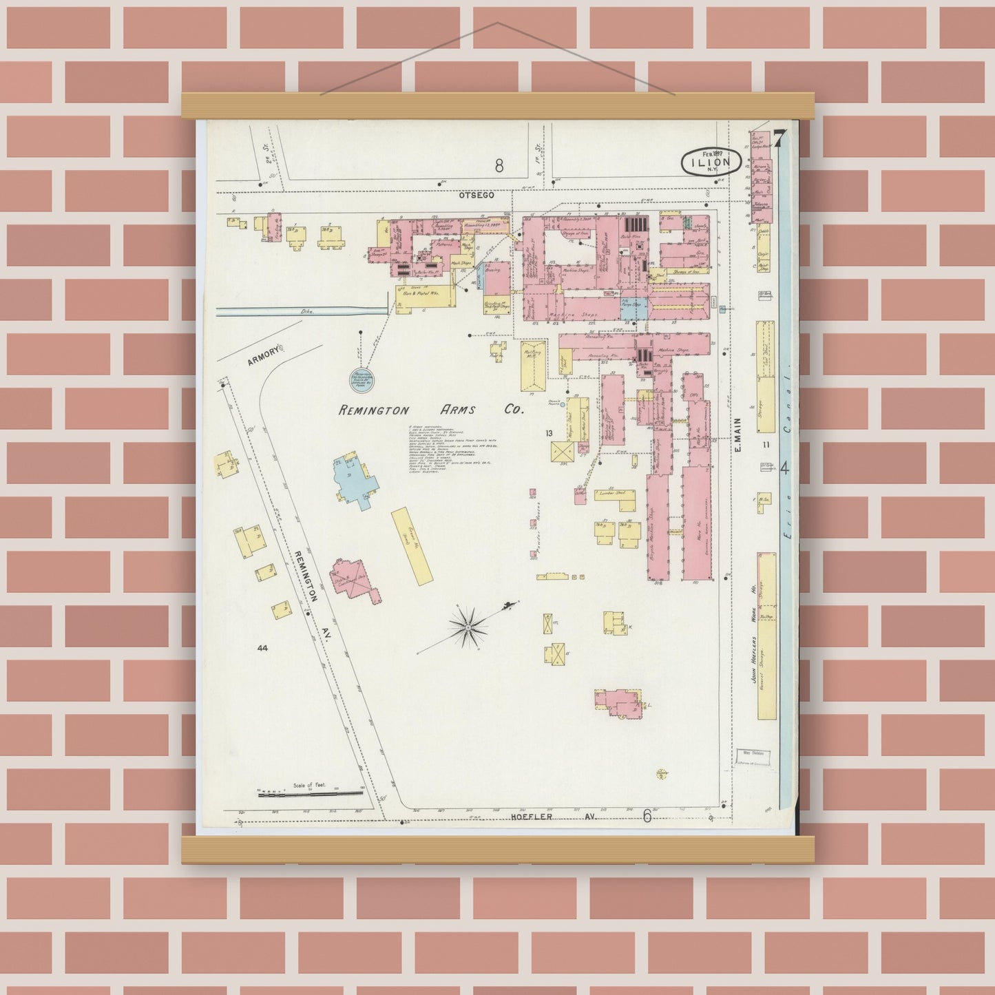 Old map wall art mockup — magnetic wood frame on brick wall — Sanborn Fire Insurance Map from Ilion, Herkimer County, New York (1897), Sheet #0007